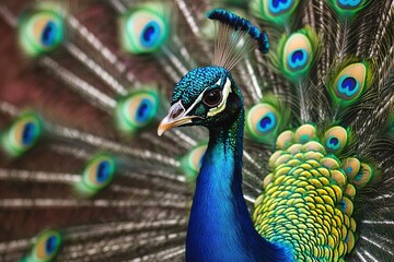 Obraz premium A regal peacock with its vibrant feathers fanned out, showcasing a beautiful display