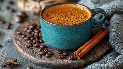 Coffee drink with cinnamon sticks on wood surface