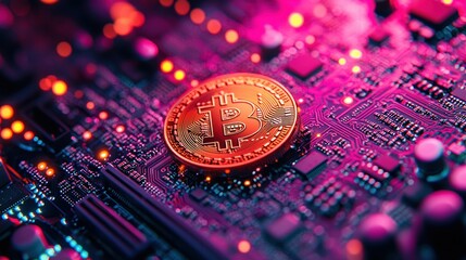 Coin on circuit board with vibrant neon lights