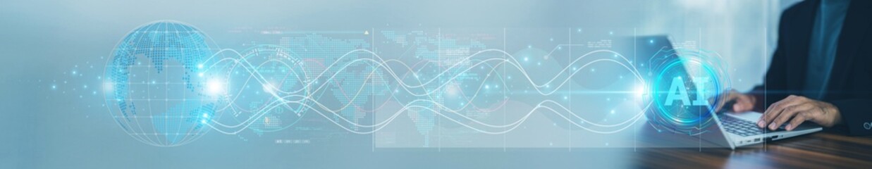businessman uses AI technology and his computer to analyze shipment trends and enhance export efficiency for global customers.