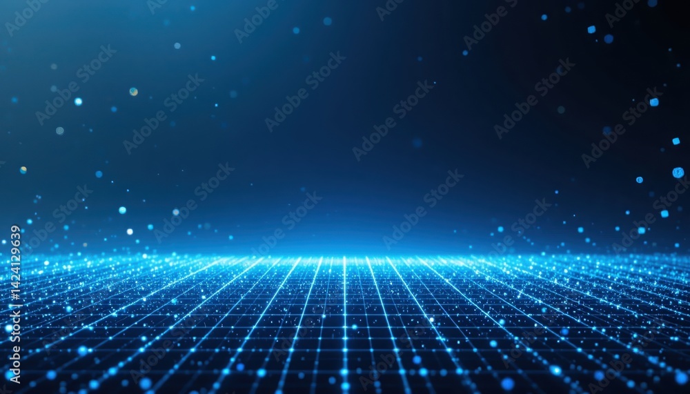 Poster digital light particles dance in a futuristic grid environment abstract visualization of technology 
