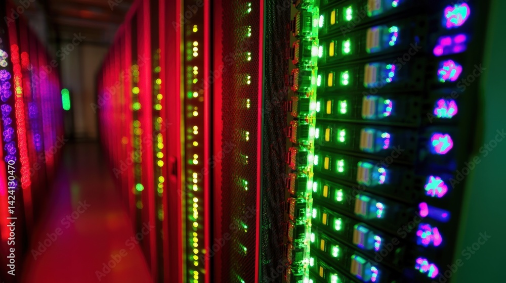 Poster rows of servers inside a data center with colorful lights