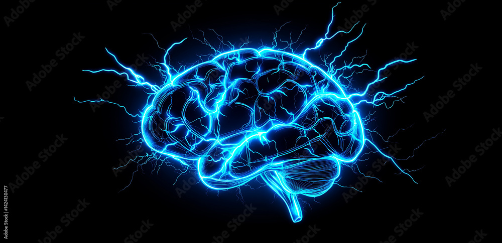 Poster a brain image surrounded by blue electric light, showcasing a technological feel and the complexity 