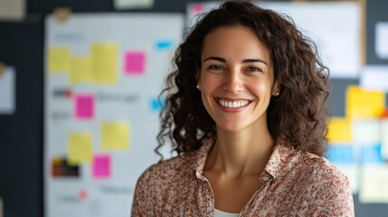 Smiling young project manager woman posing in her office in front of a kanban board-filled wall