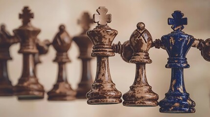 Antique Chess Pieces Displayed on Wooden Board with Soft Focus