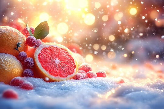 Vibrant citrus fruits including oranges and grapefruit amidst a snowy landscape with sparkling lights