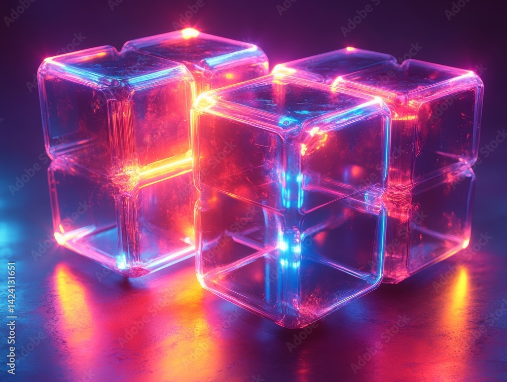 Poster radiant interlocking cubes: a mesmerizing display of neon light and shadow, geometric precision and 