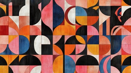 a vibrant abstract composition with overlapping shapes and bold hues