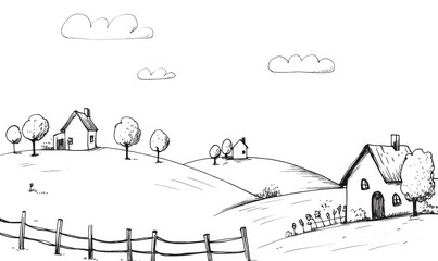 Naklejka premium Rural Landscape Sketch with Houses and Trees on Hills and Fence in a Dark Setting on white and transparent background. PNG