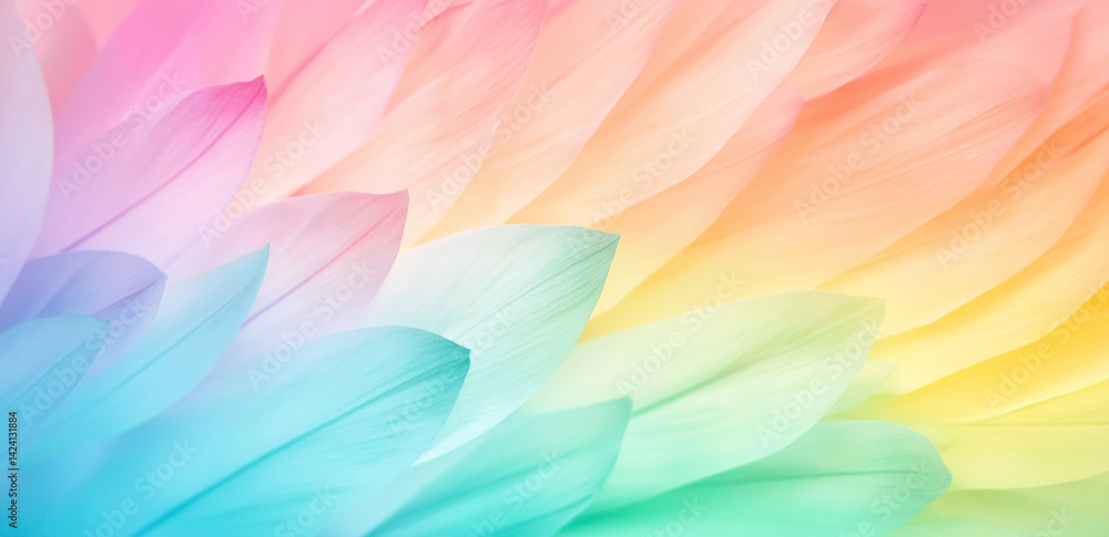Poster soft rainbow-colored feathers arranged in rows, showcasing delicate textures and gradient colors.