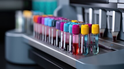 National Lipid Day. Clinical laboratory setup showing lipid panel test results with multi-colored test tubes and automated analyzer equipment processing blood samples.