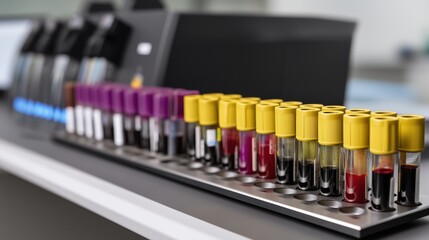 National Lipid Day. Clinical laboratory setup showing lipid panel test results with multi-colored test tubes and automated analyzer equipment processing blood samples.