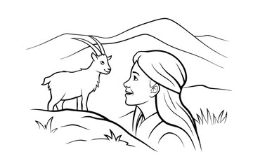 Girl looking at a goat in a mountain landscape line art illustration