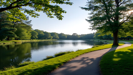 Serene lakeside park with walking paths