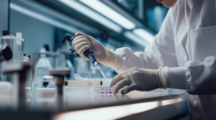 National Lipid Day. Medical researcher pipetting lipids for liposome drug delivery formulation in pharmaceutical development laboratory.