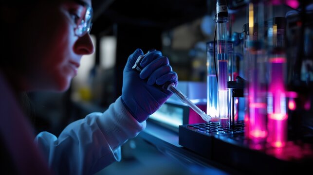National Lipid Day. Medical research laboratory scene featuring a scientist pipetting lipid samples into a chromatography column, with gradient separation visible in glass tubing.
