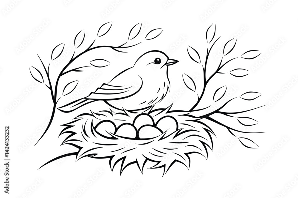 Poster bird in nest vector illustration with eggs on branch isolated on white background