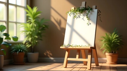 Sunlit Room with Blank Canvas on Wooden Easel and Lush Greenery