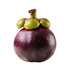 A ripe mangosteen with a deep purple skin and green crown, showcasing its smooth surface and round shape.