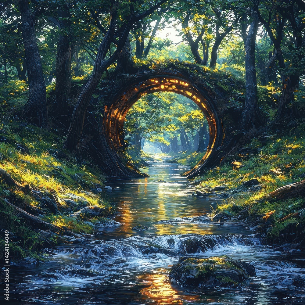 Poster enchanted forest stream flowing through a natural archway of trees
