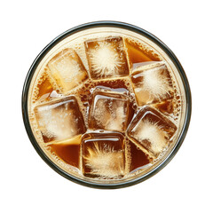 Aerial view of a glass filled with ice cubes and a brown liquid drink