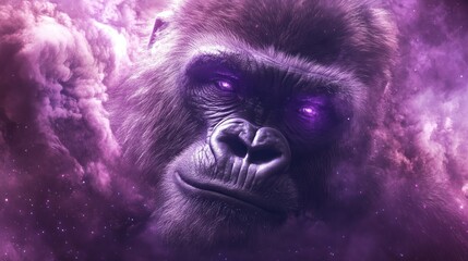 Majestic gorilla amidst a vibrant, cosmic cloud.