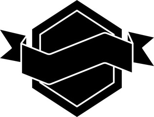 Bold black emblem badge with hexagon center and side ribbons. Ideal for logo frames, retro labels, award badges, or decorative icons.