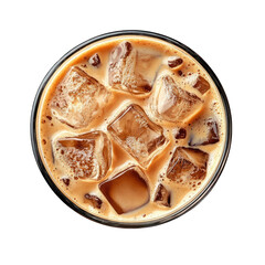 Aerial view of iced coffee with ice cubes in a glass on black background