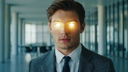 Handsome businessman with glowing energy emanating from his eyes, standing in a modern, bright office building interior, wearing a suit and tie.