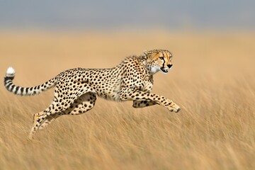 Fototapeta premium A sleek cheetah in mid-stride, its body stretched as it races across the open plains