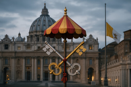 The crossed Keys of St. Peter beneath a red-and-gold umbraculum with the Vatican flag at half-mast, symbolizing papal vacancy.