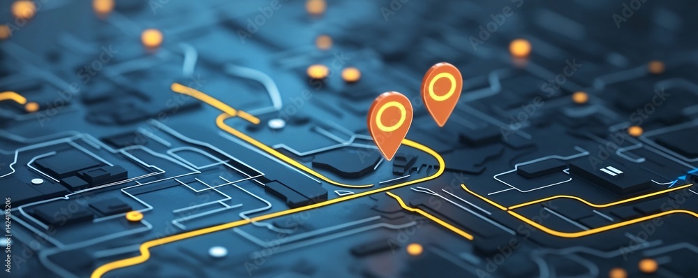 Poster glowing futuristic city map with location pins showing destinations and navigation routes