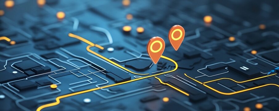 Glowing futuristic city map with location pins showing destinations and navigation routes