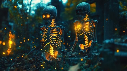 Illuminated skeletons in a mystical forest at night.