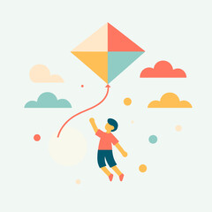 Boy flying a kite joyfully against a colorful sky  