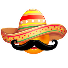 Funny emoji in sombrero hat with mustache. Cute Mexican emoticon wearing sombrero on white background.