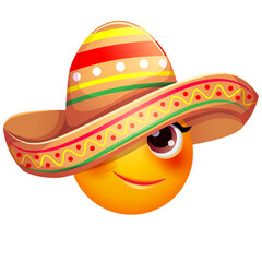 Funny female emoji in sombrero hat. Cute Mexican emoticon wearing sombrero on white background.
