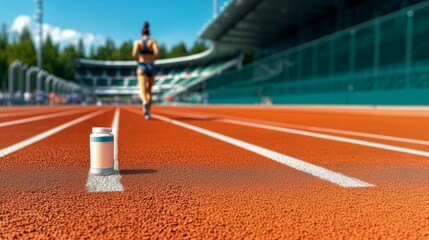 product packaging suitable for branding. concept sports products. energy drink or protein powder or healthy snack package. blank space for text or branding. athletic track and runner on blurred backgr