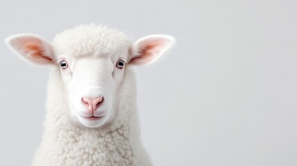 Obraz premium Close-up portrait of a fluffy white sheep, looking directly at the camera against a plain background.
