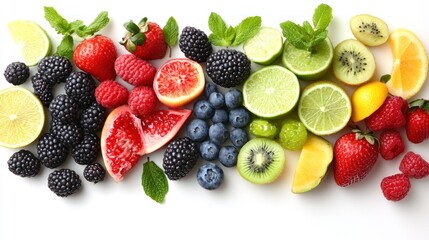 Obraz premium Richly colored fruits and vibrant mint leaves create an appetizing display on white