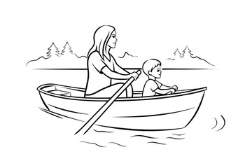 Mother and son rowboat outing at the lake black and white illustration