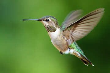 Fototapeta premium A small but fierce hummingbird hovering in mid-air, its wings blurred from the motion