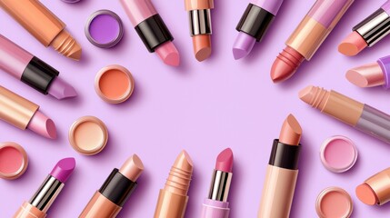 Obraz premium A collection of lipsticks and eyeshadows arranged in a circular pattern against a light purple background.