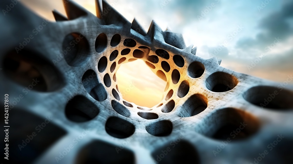 Poster abstract 3d render perforated stone structure sunset sky architectural design organic form grey hole