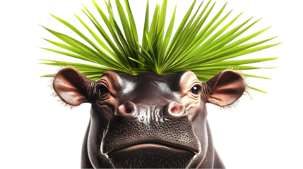 Portrait Of A Funny Hippo With Green Grass Hair Isolated On Transparent Background