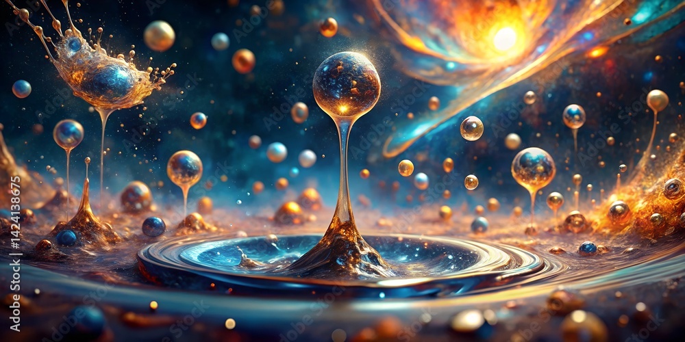 Poster abstract representation of cosmic elements with vibrant colors and dynamic forms in a surreal settin