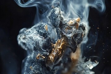 Smoldering embers releasing wisps of smoke on dark background