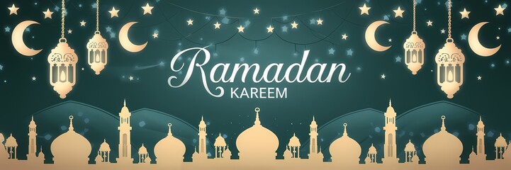Festive vibrant Ramadan design featuring glowing lanterns crescent moons sparkling stars mosque silhouettes on rich teal background with elegant white Ramadan Kareem typography celebrating holy month
