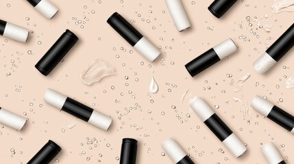 Obraz premium A collection of black and white lip gloss tubes with a white drop of lip gloss in the center.
