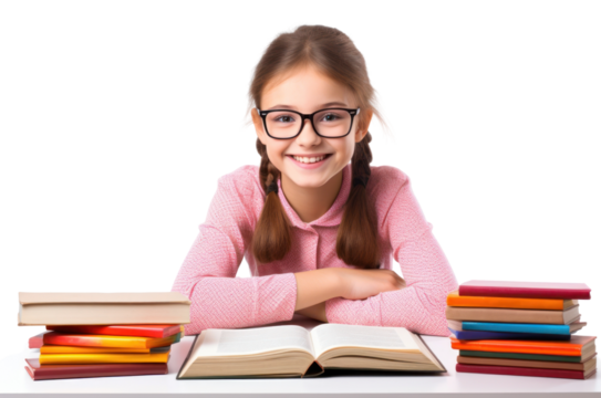 Happy girl studying with books student accessories accessory. - Powered by Adobe
